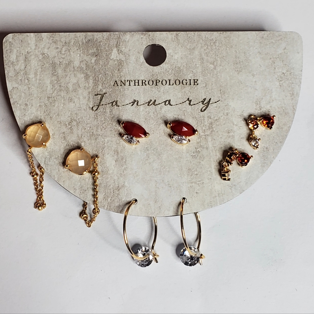 Anthropologie Set of four January birthstone Red And Clear earrings NWT